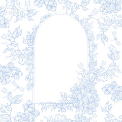 Vintage Toile de Jouy card with Blue Peonies and leaves. Illustration