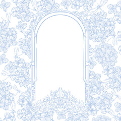 Vintage Toile de Jouy card with Blue Peonies and leaves. Illustration