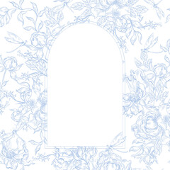 Vintage Toile de Jouy card with Blue Peonies and leaves. Illustration