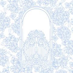 Vintage Toile de Jouy card with Blue Peonies and leaves. Illustration