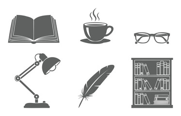 Writing and study tools silhouette set with books pens coffee and desk accessories