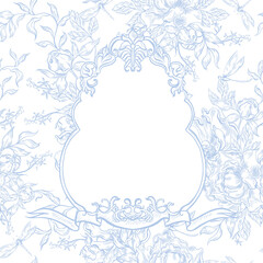 Vintage Toile de Jouy card with Blue Peonies and leaves. Illustration