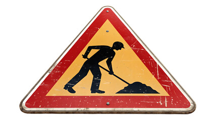 Worn road work warning sign with laborer silhouette