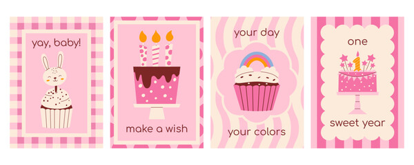 Fototapeta premium Sweet first birthday card collection for girls with cute bunny, rainbow cupcake, tiered cake with candles. Modern retro flat vector minimalist illustration set for nursery decor, party invites, poster