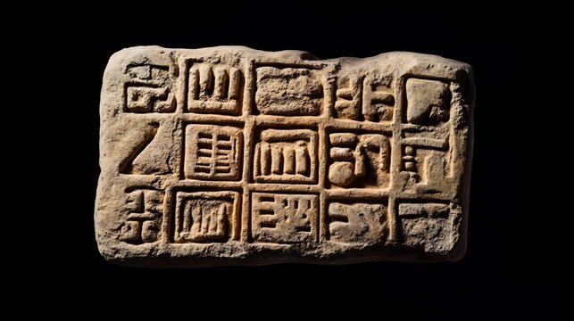 Ancient cuneiform clay tablet with mysterious inscriptions on black background