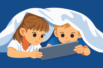 Two siblings using a digital tablet together under a blanket.