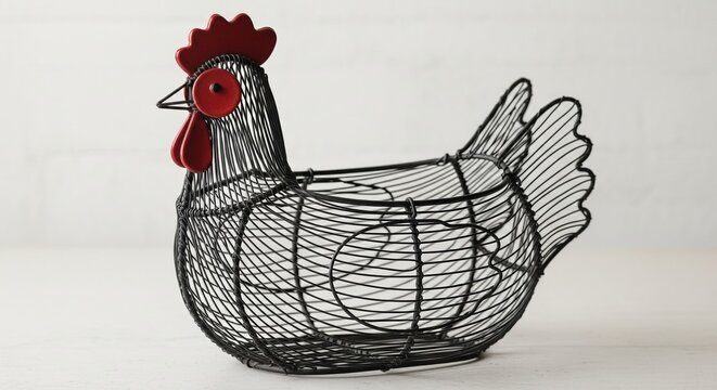 wire chicken basket on white background with rustic farm kitchen decor