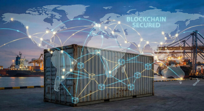 Concepto de blockchain en la cadena de suministro con contenedores de env&iacute;o y l&iacute;neas digitales globales
