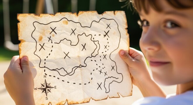 young child holding a treasure map outdoors with excitement and wonder