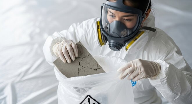 worker in hazardous suit carefully disposing cracked asbestos material in safety bag