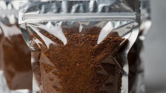 Closeup medium angle of decaf ground coffee being tightly packed in vacuumsealed foil bags highlighting freshness preservation and smooth delicate coffee grind.