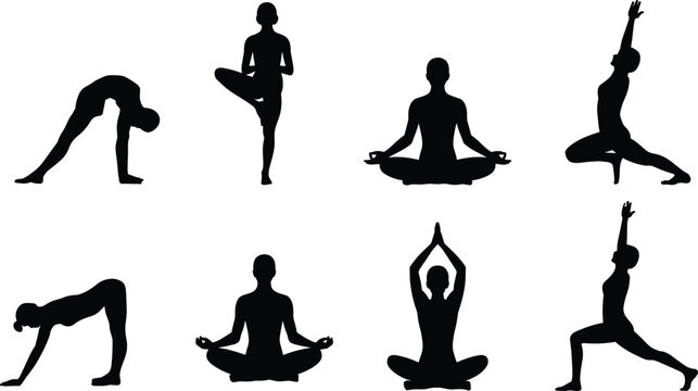 Yoga pose silhouette set, women practicing meditation and stretching exercises, fitness wellness and mindfulness training collection isolated on white background illustration