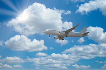 “Airplane in flight symbolizing vacation travel and air transportation. Concept of tourism, holidays and international journeys.” © jarizPJ