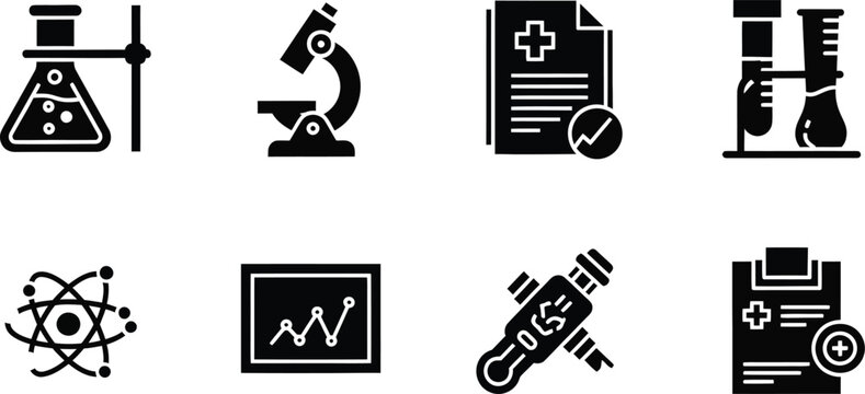 Laboratory and health monitoring icons including scientific instruments, medical charts, and temperature symbols