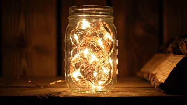 Cozy string lights in a mason jar on a wooden table