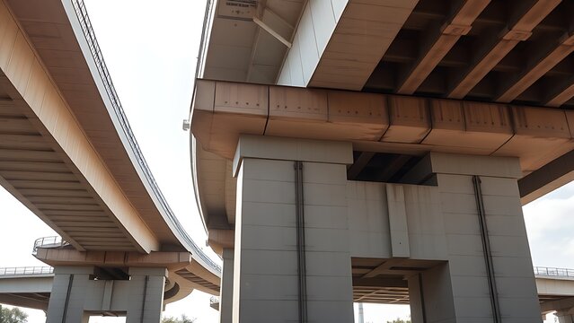 nationalizing. Massive bridge pillar supporting elevated roadway with architectural detail in daylight. real-estate listings.