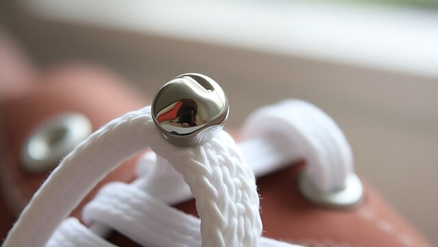 osmium. Polished metal aglet at the end of a white shoelace with metallic texture. lifestyle magazines, social media lookbooks, designed for lifestyle magazines and social media content.