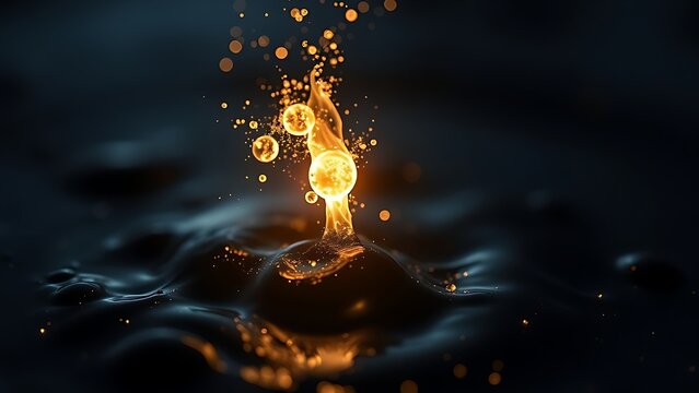 submicroscopic. A single, complex, glowing molecule emerges from a dark, primordial aqueous solution, symbolizing the spark of life. STEM education sheets.