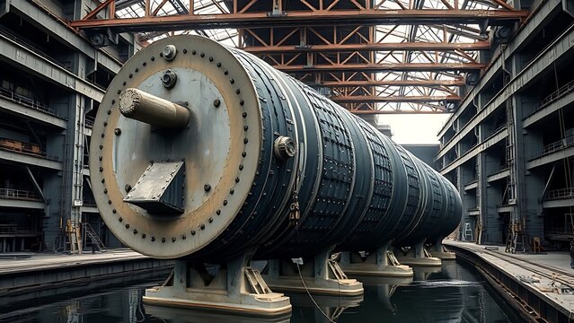 hydrologic. Massive steel caisson supported by jacks in an industrial dry dock setting. safety posters, maintenance manuals, designed for precision metalworking and fabrication facilities.