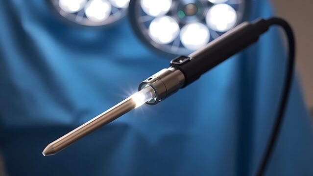 laparoscope. Slender laparoscope with polished metal surface reflecting light, on a medical tray with professional lighting. product launch decks.