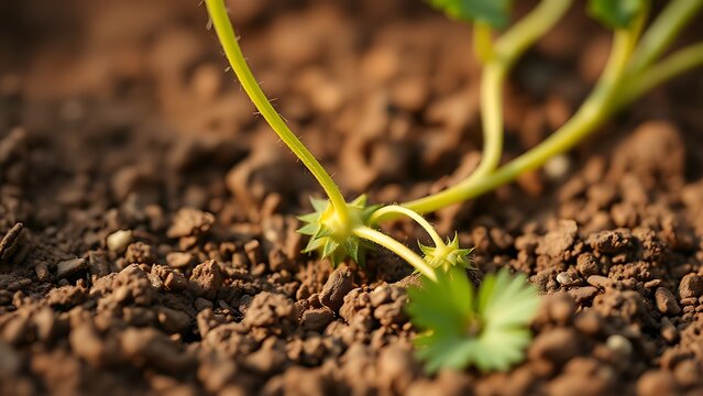 stolon. Close-up of a strawberry plant's stolon creeping across soil in morning light. gardening catalogs, home-decor guides, designed for gardening and botanical catalogs, enhances decor appeal.