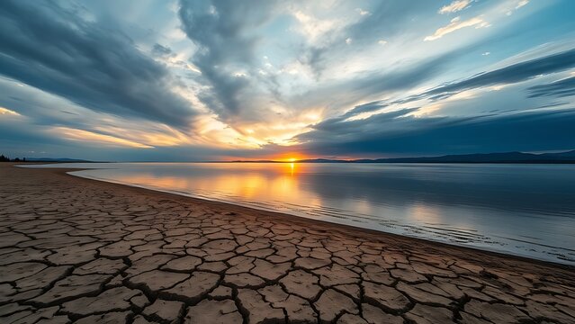 prologue. A receding lake shoreline with exposed cracked dry lakebed under a vast dramatic sunset sky. inspiring travel planning, ESG reports, designed for environmental awareness campaigns.