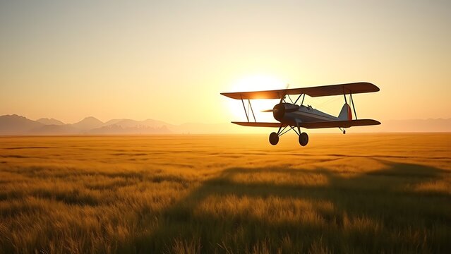 sardonyx. Early biplane flying over grassy field at dawn, long shadow sweeping across the ground. mobility guides, transit brochures, designed for transport & logistics marketing.