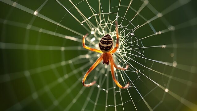 transmigration. A spider mending its intricate web with glistening threads in morning light. wildlife magazines, conservation campaigns, designed for eco-tourism storytelling.