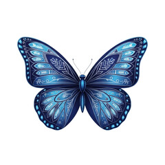 single, symmetrical sapphire blue butterfly with intricate cyan and silver geometric filigree patterns, a minimalist vector illustration on white. concept of refined beauty and balance