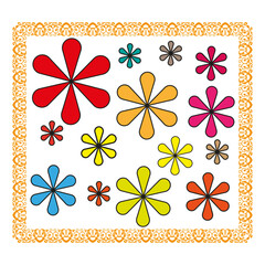 Fototapeta premium Retro flowers pattern. Bright colorful blossoms. Vector ornamental border. Orange swirl frame.