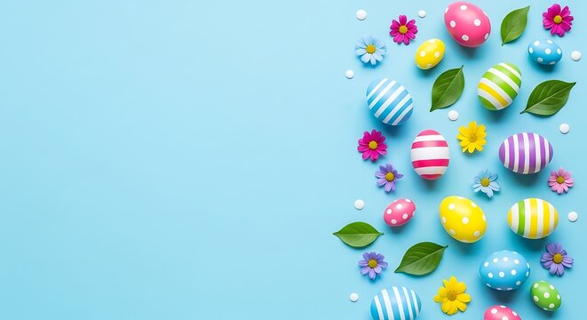Vibrant easter eggs with flowers and leaves on blue background