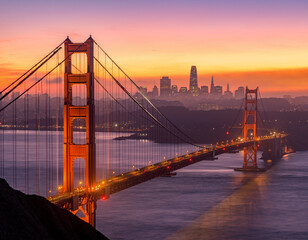 Fototapeta premium Golden Gate Bridge in San Francisco during sunset, with the city skyline in the distance.