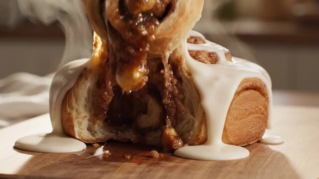 Delicious gooey cinnamon roll with caramel icing being poured