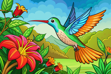 Fototapeta premium Colorful hummingbird flying gracefully while sipping nectar from vibrant red flower in natural setting delicate motion bright colors serene wildlife scene.