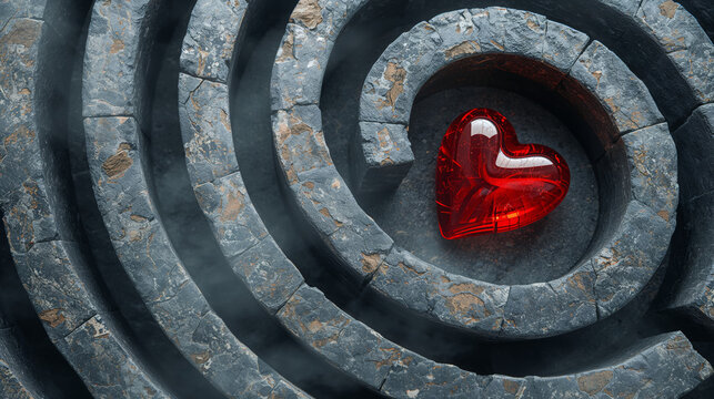 A heart-shaped object sits at the center of a stone maze representing love&rsquo;s journey. This visual captures the challenge and perseverance in pursuing true love