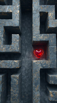 A heart sits at the center of a maze symbolizing love and challenges in life. The journey through the maze highlights the pursuit of true connections and personal growth