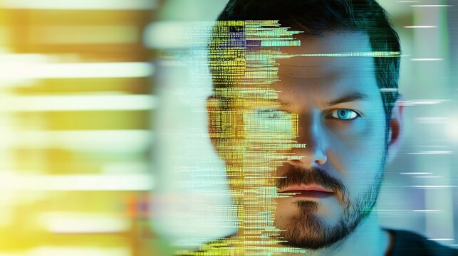 Glitchy portrait of a man with code overlay in cyberspace