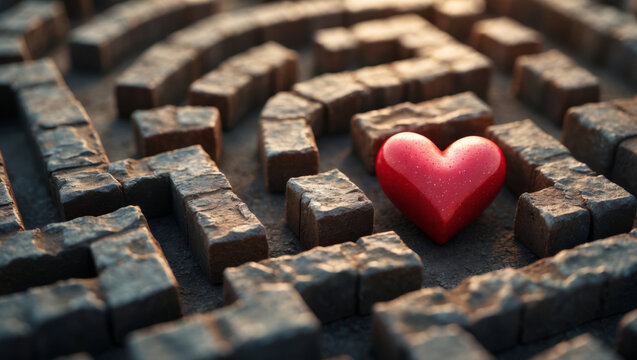A heart at the center of a maze made of stone. It represents the journey of love and personal growth during Valentine's day