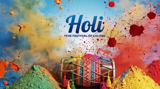Holi festival of colors celebration with dhol drum and colored powders