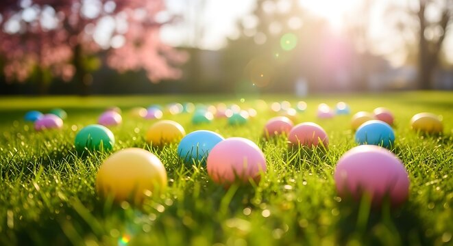 Colorful easter eggs on green grass in sunny park with pink blossoms