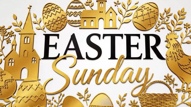 Golden easter sunday text design with churches, eggs, and a rooster