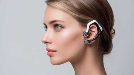Fototapeta premium Caucasian young female with futuristic ear device and blonde hair in profile view.
