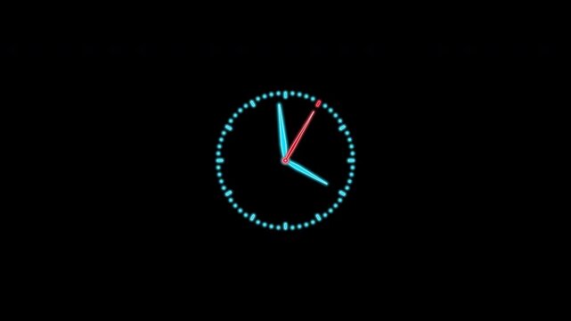clock with neon hands and a dial. The second hand of the stopwatch, set to a 60-second cycle, indicates that it is 4:00. Video animation of the clock with alpha channel