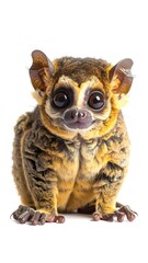 Fototapeta premium Small, furry animal with large eyes sits upright, looking directly at the viewer