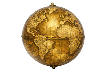Golden antique world globe map showing continents and old cartography on a transparent background, representing global concepts