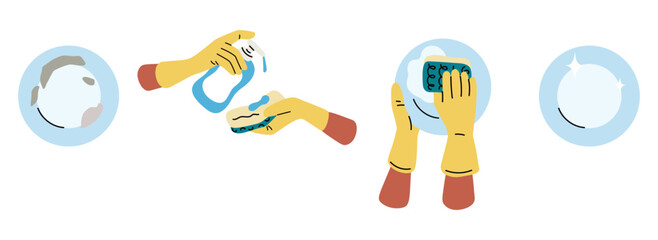 Steps for washing dirty dishes with detergent and sponge. Hands in gloves wash plate. Utensil cleaner suds. Soap dispenser bottle. Kitchen hygiene. Vector dishwashing process stages set