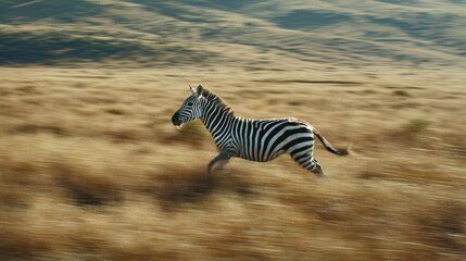 Naklejka premium Dynamic Zebra Running Through Golden Grasslands Under a Clear Sky