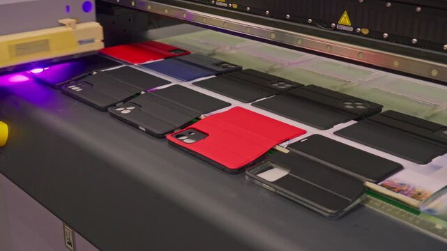 High-speed industrial UV printer simultaneously printing vibrant, high-quality custom graphics onto ten smartphone cases. Precision inkjet technology for bulk mobile accessory manufacturing.