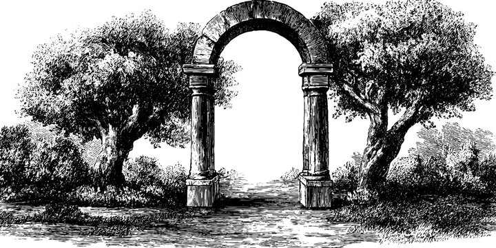 Vintage architectural arch with botanical surroundings for artistic design