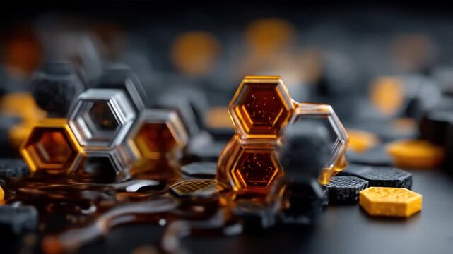 Liquid gold flows through metallic hexagonal structures on a dark surface with bokeh